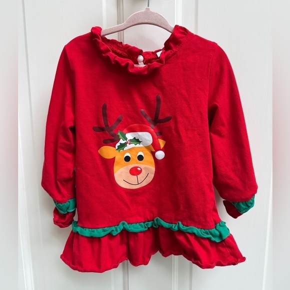 Other - HOST PICK🎊 Girls 2T/4T Red Reindeer Christmas Long Sleeve Ruffle Top Blouse